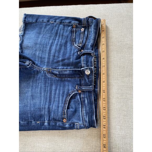 American Eagle 6 Hi-Rise Shortie Dark Wash Super Stretch Shorts Raw Hem Cut Offs - Picture 5 of 8